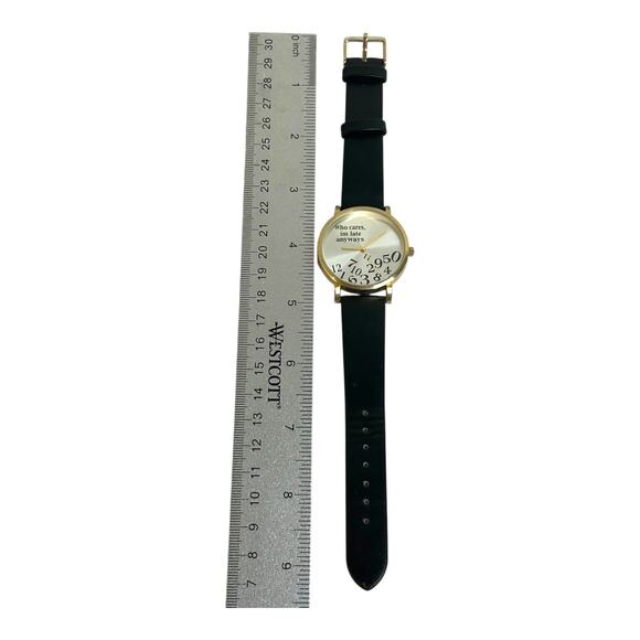 Novelty Untested Who Cares I’m Late Anyway Gold Tone Analog Black Band Watch - Picture 2 of 5